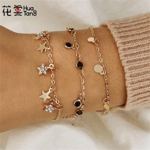 HuaTang 2020 Boho Multilayer Crystal Star Pendant Chains Bracelet Set Multilayer Sequin Female Cuff Bangle Beach Jewelry 3996