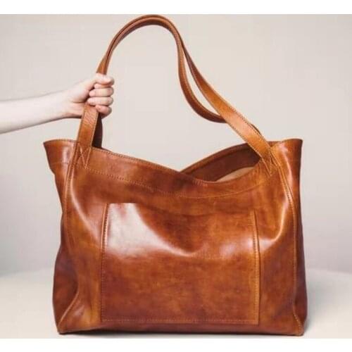 Leather Large-capacity Luxury Women Shoulder Bag Simple Retro Top Handle Big Bags Female Handbags Fashion Oil Wax Tote Bags