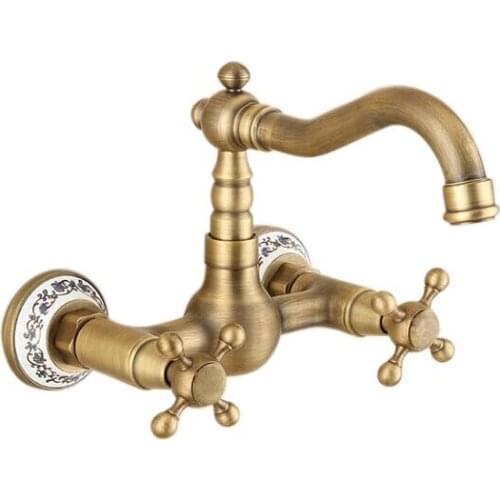 Wall Mounted Antique Brass Kitchen Faucet with Double Cross Handle Wall Kitchen Tap Mixer Ceramic Faucet W9500