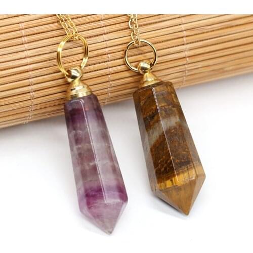 Natural Perfume Bottle Crystal Stone Pendant Necklace Tiger Eye Amethysts Essential Oil Diffuser Charm Copper Chain Jewelry Gift
