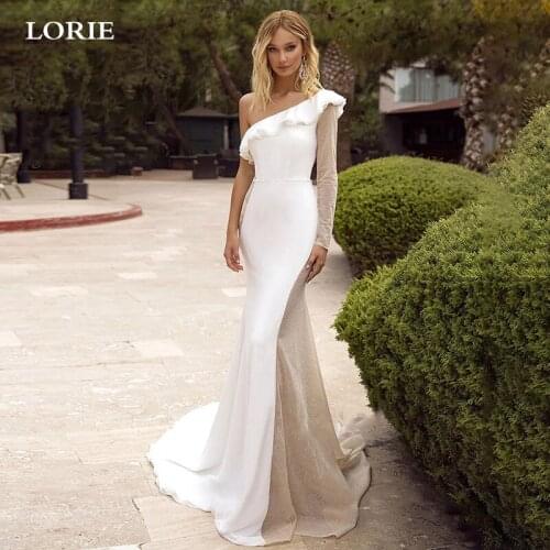 LORIE Sexy Mermaid Wedding Dresses Long Sleeve One Shoulder Shiny Wedding Gowns Boho Bride Dress vestido de noiva