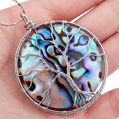 TUMBEELLUWA Silver Color Round Abalone Shell Tree of Life Women Pendant Copper Wire Wrapped Charms For Jewelry Making
