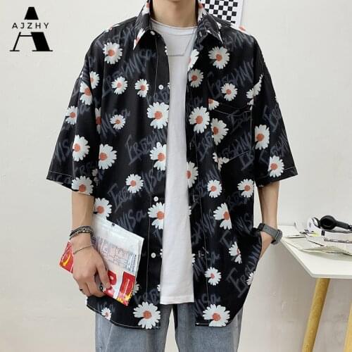 Fashion Korean Shirt Men Oversized Loose Daisy Flower Print Shirts Short Sleeve Vintage Streetwear Harajuku Hawaiian Shirts Men