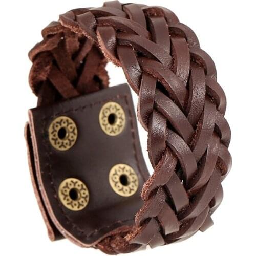 Handmade Retro Genuine Leather Woven Wide Men Bracelets & Bangles Punk Male Wristband Jewelry Gift For Boys