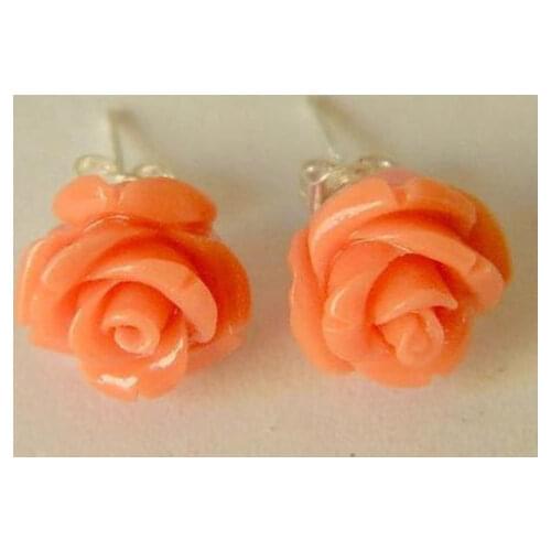 Women Gift word Love women Fashion Jewelry 12MM Pink Japan Sea Coral Carved Flower Earring Stud AAA Grade