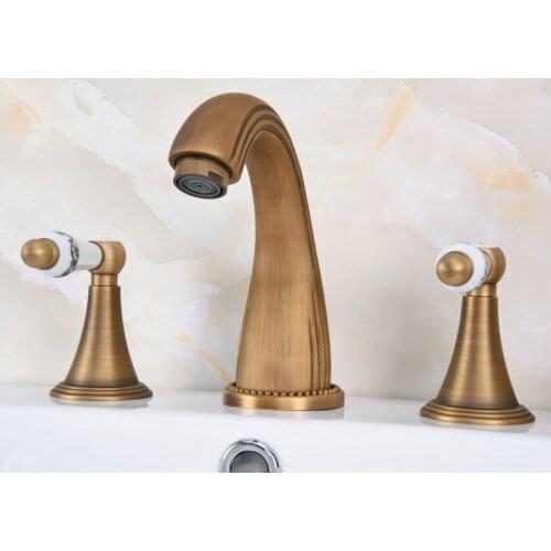 Vintage Antique Brass 2 Ceramic Handle Deck-Mount 3 Hole Widespread Bathroom Lavatory Bathtub Basin Faucet Sink Mixer Tap dan090