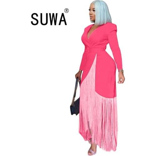 Womens Clothing Wholesale Fashion New Sexy Suit Stitching Tassel Coat Dress With Belt Elegant Party And Wedding Gowns Prom