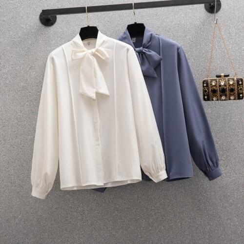 Oversized Plus Size Womens Blouse Spring Blouse Shirts New Long-Sleeved Button up Bow Neck Blusas Elegant Chiffon Shirts G85A