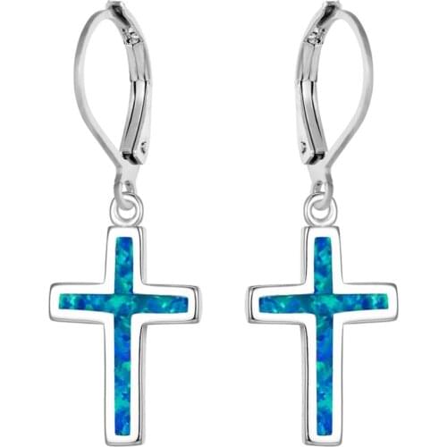 100% Real S925 Sterling Silver Clip Earrings Fashion Women Cross Statement White/Blue Opal Clip On Earrings