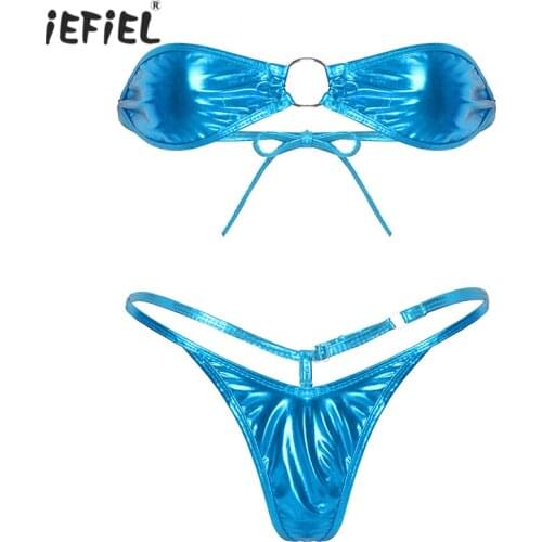 Womens Exotic Strapless Bra Set Summer Party Swimsuit Strapless Solid Color Micro Mni Bra Thong Panties Two Pieces Lingerie Set