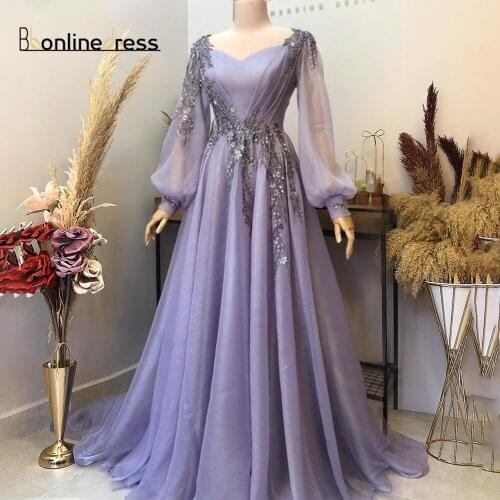 Lavender Evening Dresses Moroccan Caftan Applique Formal Gown Arabic Dubai Muslim Long Sleeves Women Evening Dress robe de soire