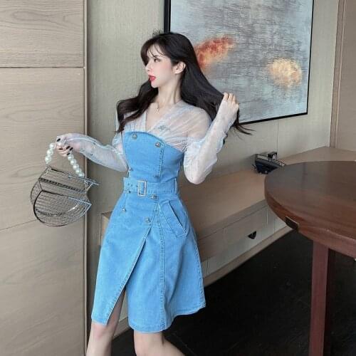 Blue woman dress V Neck High Waist Casual holiday dresses for women long Sleeves Waistband Mini vestidos 2021