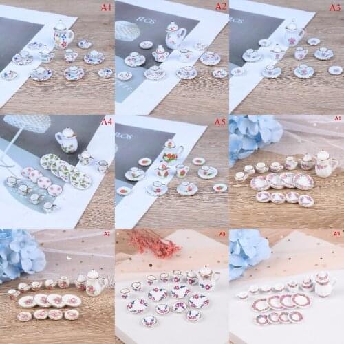 1:12 Miniature 15Pcs Porcelain Tea Cup Set Chintz Flower Tableware Kitchen Dollhouse Furniture Toys For Children 24Styles