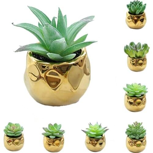 1Pcs Mini Artificial Plant Exquisite Craftsmanship Golden Ceramic Realistic Fake Plants Succulent Mini Potted Plants Decor