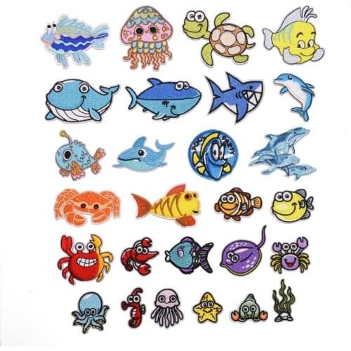 100pcs/lot Embroidery Patch Sea Animal Underwater World Tortoise Fish Whale Starfish Clothing Decoration Diy Iron Applique