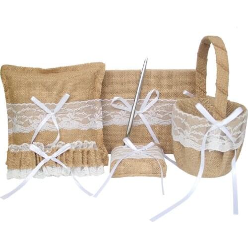 5Pcs/set Burlap Hessian Lace Wedding Guest Book& Pen Set &Ring Pillow &Flower Basket &Garter Decoration Bridal Product Supplies