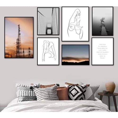 Abstract Line Girl Bridge Mountain Scenery Wall Art Canvas Painting Nordic Poster And Prints Wall Pictures For Living Room Decor