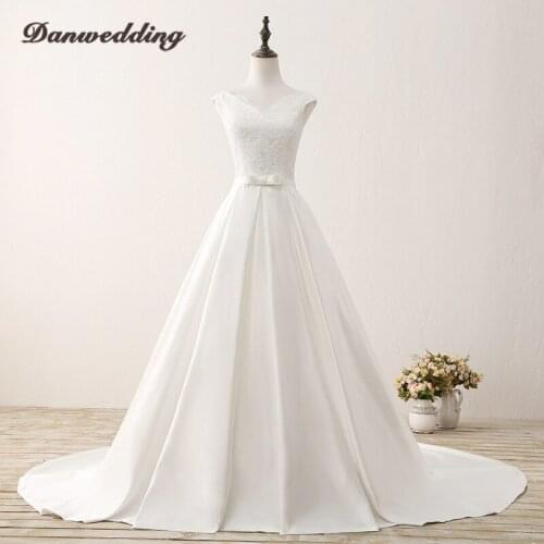Hot Sale A-Line Satin Wedding Dress Boat Neck Lace Applique Sashes Bridal Dress Lace-Up For Back Wedding Gown Real Photo
