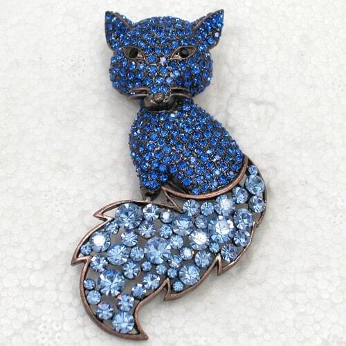 Antique copper Blue Rhinestone Big Fox Pin brooches C2032 B3