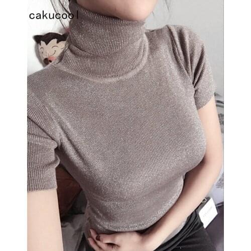 Cakucool Women Summer Knitted tshirt Short Sleeve Turtleneck Slim Tee Tops Silver Lurex Bling Korean Pullover Top T Shirt Femme