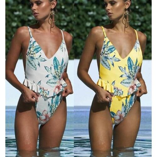 Floral Print Ruffle One Piece Thong Swimsuit Deep V Neck Push Up One-Piece Swimwear New Maio Feminino Praia Sexy swimming suit