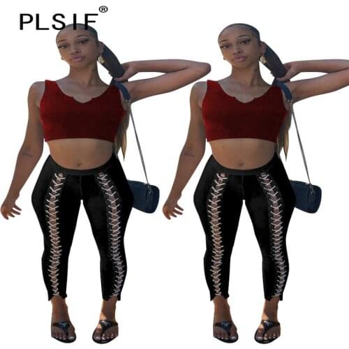 Black Sexy Lace Up Sexy Long Pant Bandage Sexy Full Length Trousers For Women Sexy Capris