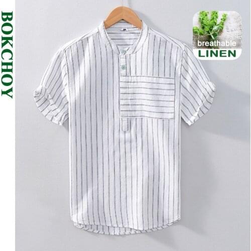 2021 Summer Spring New Men Comfortable and Simple Striped Cotton and Linen T-shirt Fresh POLO Collar Short Sleeve GC-L868