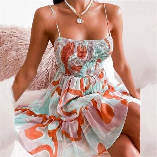 Hirigin Summer Printing Sling Short Dress Casual High-waist Women Beach Dress Sexy Chic Female A-line 2021
