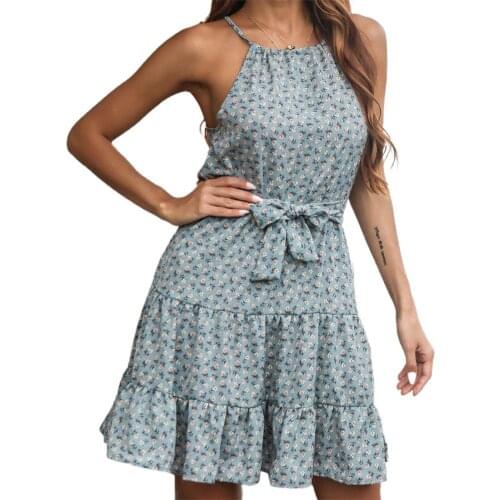 Summer Women Dresses Vintage Polyester Sleeveless High Waist Female Halter Floral Print Dress vestido de mujer Plus Size