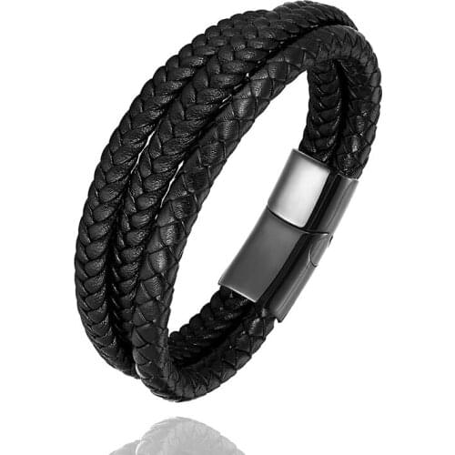 Multi-layer Hand-woven Gold Steel Black Mens Leather Stainless Steel Bracelet Bracelet Classic Gift Big Sale