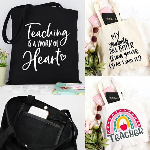 Teaching Is A Work of Heart Rainbow Print Fashion Women Canvas Shopping Tote Bag Teacher Life Reusable Aesthetic Shoulder Bags