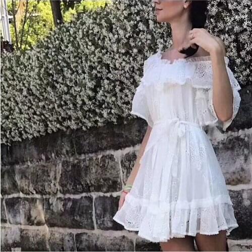 Topachic Ruffles slash neck women dress Summer style embroidery off shoulder sexy dresses vestidos White tube beach dress cotton