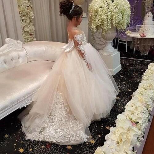 Flower Girl Dresses Full Sleeves vestidos infantis Long Dress for Girl Kids Tulle primera comunion robe mariage fille