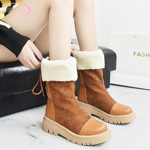 Casual style 2020 winter warm round toe snow boots plush lace-up flock platform medium with ankle boots womens shoes big size