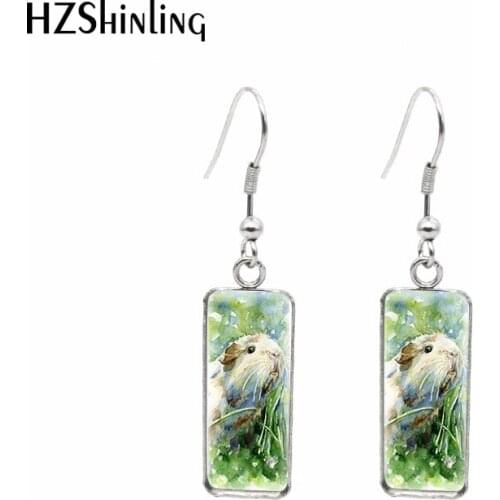 2021 New Guinea Pigs Rectangular Earring Animal Art Fish Hook Earrings Glass Cabochon Handmade Jewelry