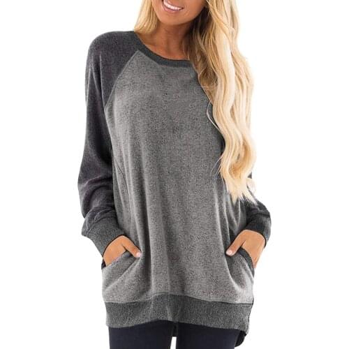 Autumn Winter Woman T shirts Fashion Plus Size Long Sleeve O-Neck Casual Color Block Pockets T-Shirts Pullover Top ropa de mujer