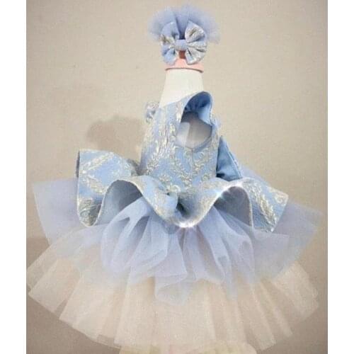 Cute Puffy Blue Ball Gown Girl Pageant Dress Flower Girl Dresses Tulle Satin Bow First Birthday Dress New Year