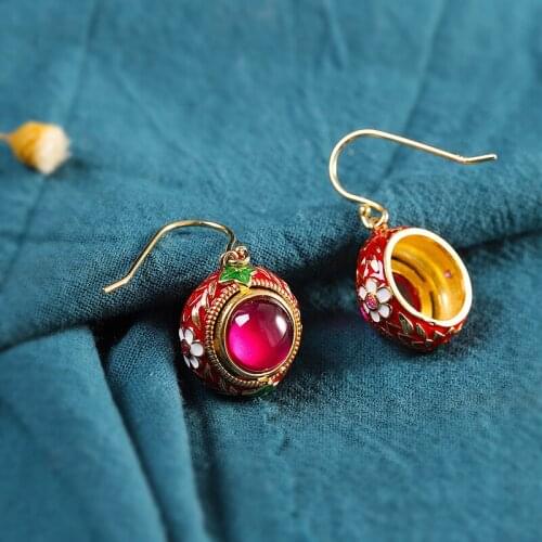 VINTAGE 925 STERLING SILVER RUBY RED CORUNDUM ENAMEL GEMSTONE EARRING FOR WOMEN RETRO ETHNIC GOLD COLOR CLOISONNE EARRINGS