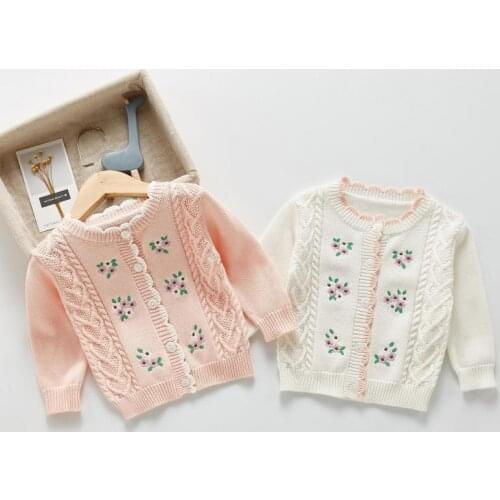2021 Autumn New Baby Sweater Flower Embroidery Knit Cardigan For Girls Princess Coat Infant Knitted Sweater Tops Kids Jacket