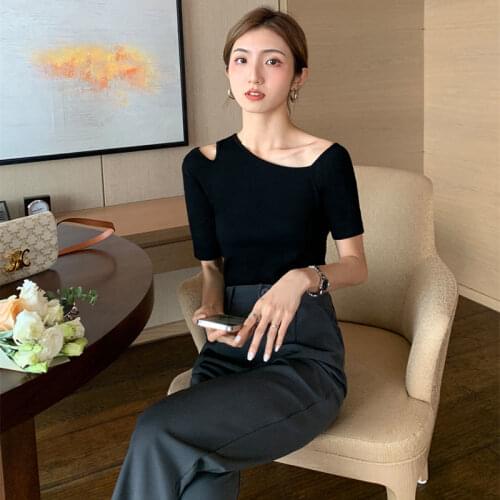 2021 Oblique Collar Short-sleeved T-shirt Women Summer Style Careful Machine Sexy Strapless Bottoming Shirt Slim Slimming Top