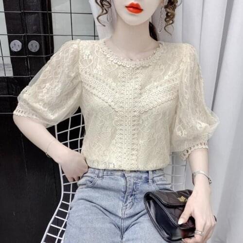 Lace blouse womens summer 2021 fashion new loose Korean version of all-match temperament stitching puff sleeve chiffon shirt
