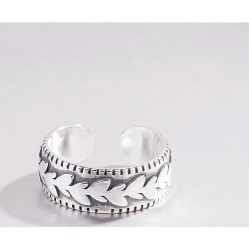 Sole Memory Retro Thai Silver Leaves Embossed Olive Branch Literary 925 Sterling Silver Female Resizable Opening Rings SRI353