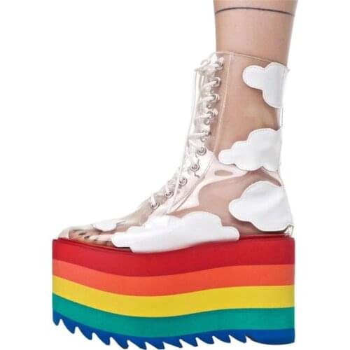 Rainbow Platform Woman Shoes Cloud Printing Super High Heel Mid-calf Boots Cross tied Lace up Ladies Transparent PVC
