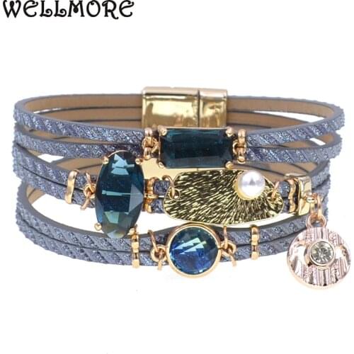 WELLMORE women bracelet glass leather bracelets for women charm bracelet fashion female jewelry wholesale dropshipping