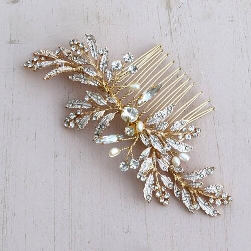 KMVEXO Gold Leaves Wedding Bridal Hair Combs Vintage Crystal Pearls Hairpins Prom Party Jewelry Hair Accessories Pins for Women