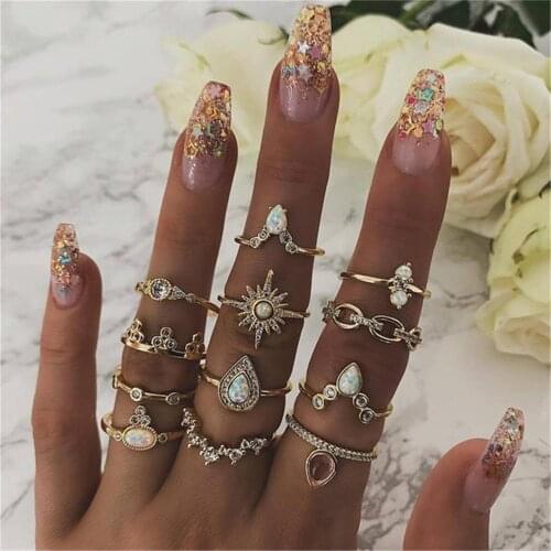 Vintage Sun Crown Geometry Ring Sets For Women New Boho Adjustable Fashion White Stone Crystal Gold Rings Female Valentine Gift