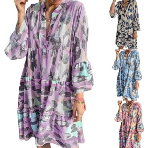 Ladies Leisure Style Shirt Dress, Autumn Women Temperament Irregular Spot Printing V-neck Long Sleeve Loose Middle Skirt