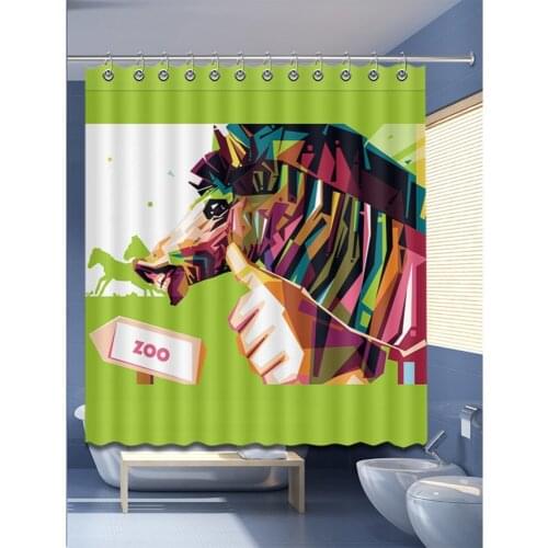 72'' Bathroom Waterproof Fabric Shower Curtain Polyester 12 Hooks Bath Accessory Sets Colored Drawing Smiled Horse Sign To Zoo