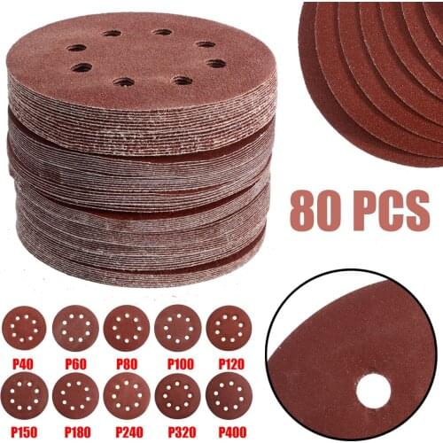 80pcs 125mm Round Sandpaper Eight Hole Disk Sand Sheets Grit 40-400 Mix Orbital Sander Hook Loop Sanding Disc Polish