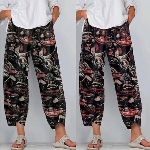 Women Pants Lady Casual Flowers Print Elastic Waist Wide Leg Trousers Loose Harem Pants Female Boho Wide Leg Pants Pantalon